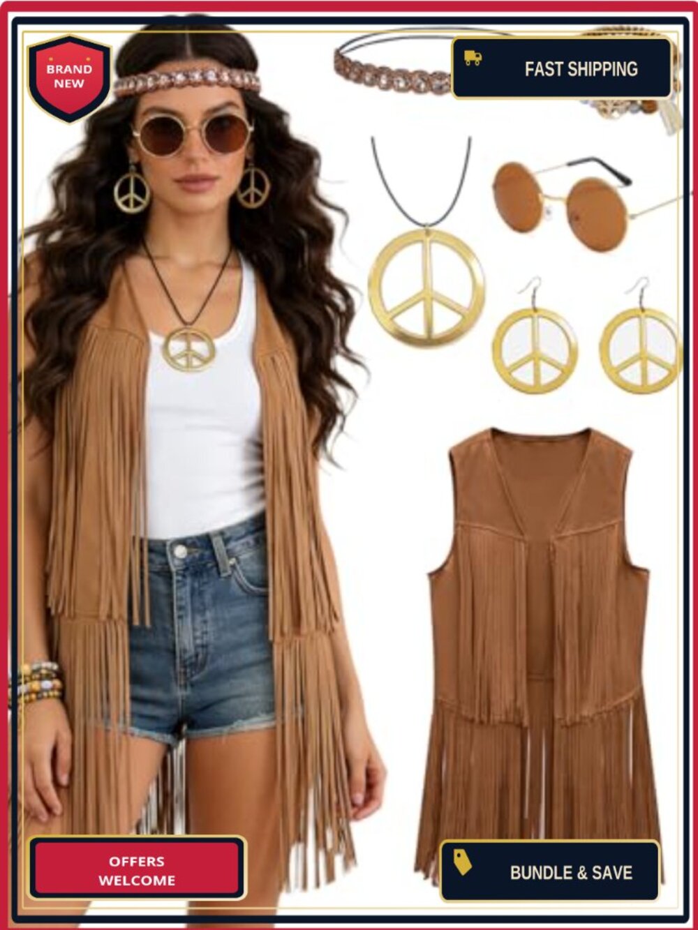 6PC 60s 70s Hippie Costume Set Fringe Vest Peace Necklace for Women